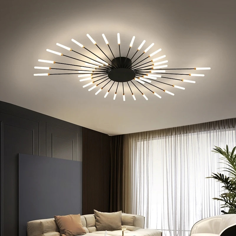 Sputnik Modern Linear Semi Flush Mount Ceiling Light Acrylic Starburst Ceiling Light Fixture Spiral Desgin Black Gold