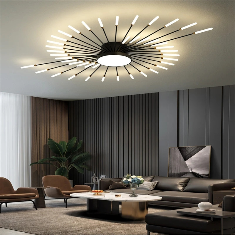 Sputnik Modern Linear Semi Flush Mount Ceiling Light Acrylic Starburst Ceiling Light Fixture Spiral Desgin Black Gold