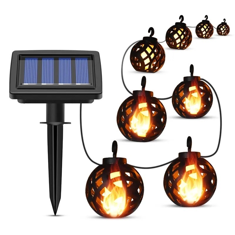 Solar Powered Rattan Ball Flickering Flame Effect Led String Globe Hanging Lantern Lights For Outdoor Garden Cafe Porch Decor