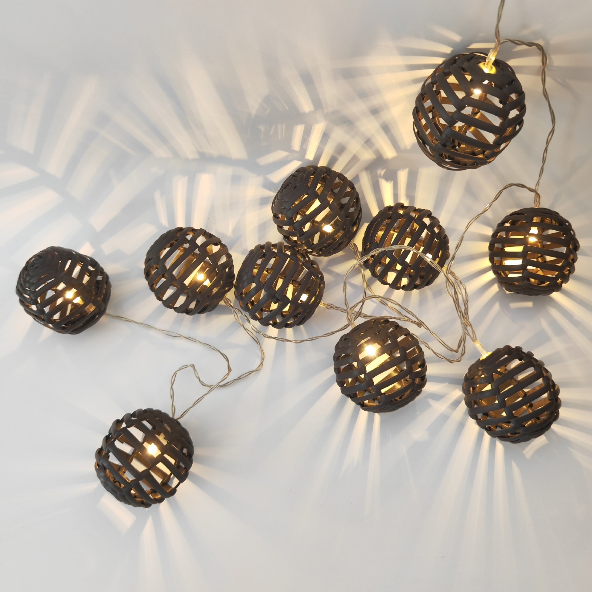 Handmade Dark Brown Rattan Ball String Lights Plug In Fairy Christmas Light Bamboo Woven Decorative String Lights