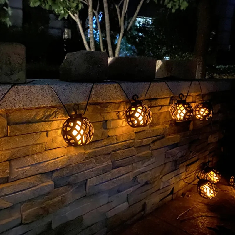 Solar Powered Rattan Ball Flickering Flame Effect Led String Globe Hanging Lantern Lights For Outdoor Garden Cafe Porch Decor