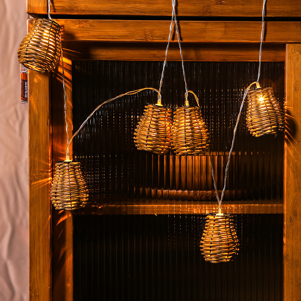 Handmade Dark Brown Rattan Ball String Lights Plug In Fairy Christmas Light Bamboo Woven Decorative String Lights