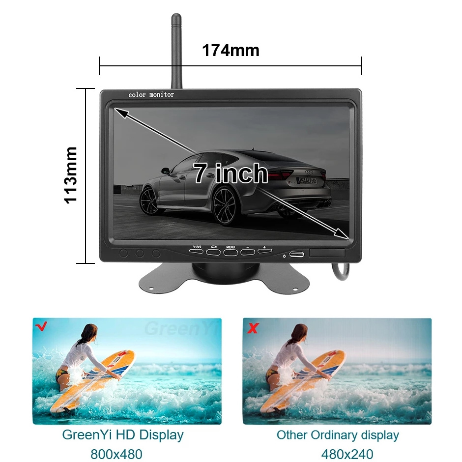 Wireless truck rear view camera and wireless truck monitor system car roof mount lcd monitor with tv