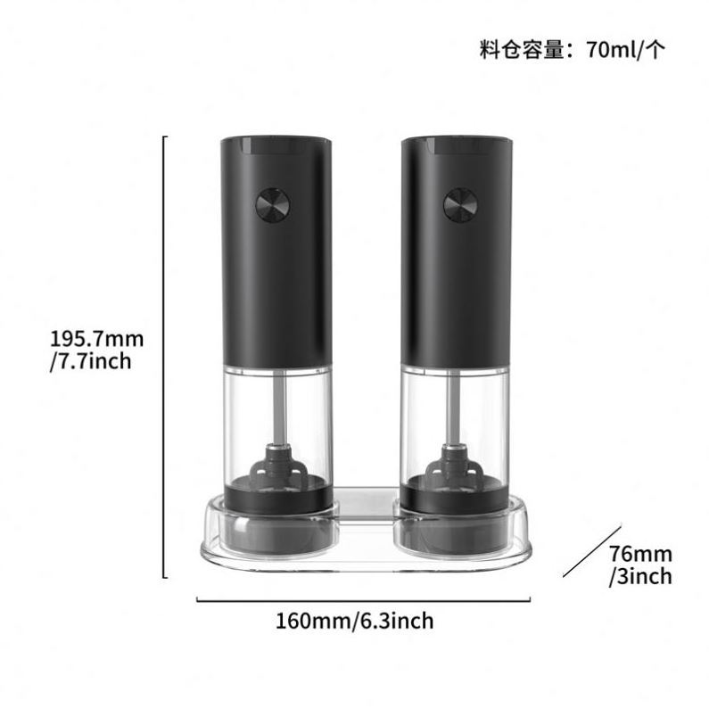 Factory Wholesales Electric Mill 95ML Stainless Steel 2 Pack Electric Salt Pepper Grinder Mill Set with base