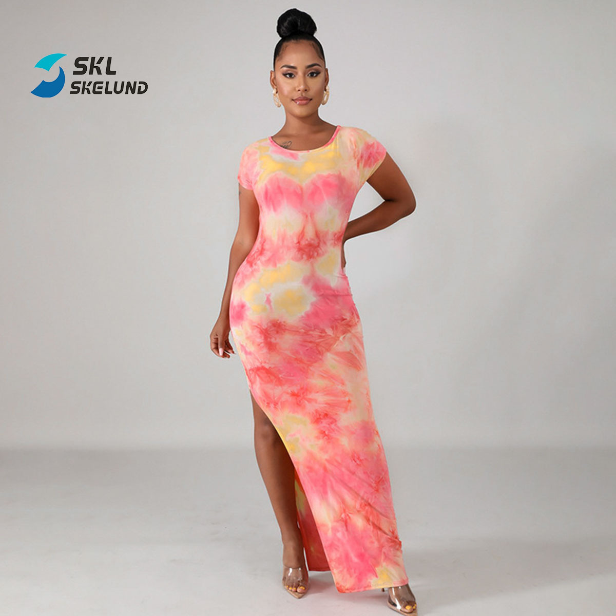 High Quality Short Sleeve Print Slit Sexy Maxi Dress Summer Women Fashion Streetwear Outfits Bodycon Sundress Tie Dye Maxi Dress