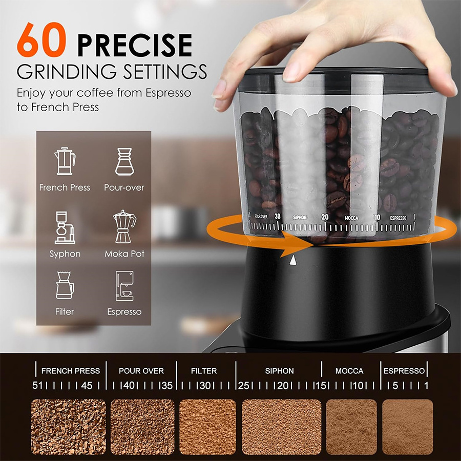 European standard plug conical burr coffee grinder, touch screen coffee grinder