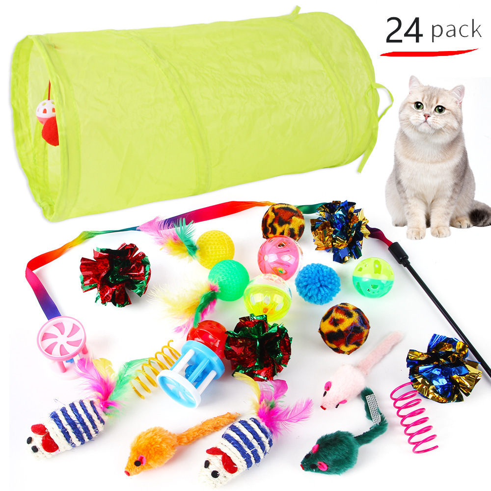 24 Pack Cat Channel Value Bundle Collapsible Tunnel Cat Toy Funny Cat Stick Mouse Supplies Fun Feather Balls Mice Shape