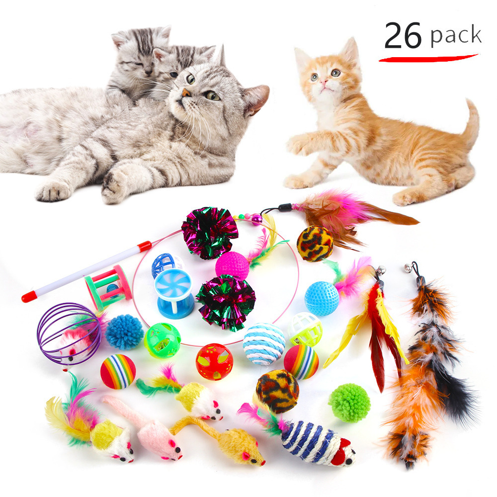 26Pcs Cat Toys Set Indoor Outdoor Interactive Kitten Toy Assortments Cat Tunnel Balls Bell Feather Teaser Wand Mice Toys