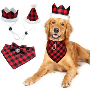 Wholesale Costume Pet Accessories Supplies Christmas Plaid Dog Bow Tie Bandanas Hat