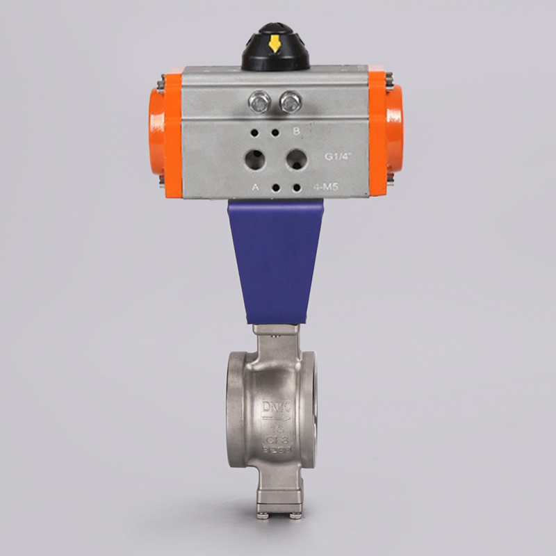 Spring return 2 way V port DN80 3 inch ss304 Stainless Steel wafer Air Operated pneumatic Actuator  control Segment Ball Valve