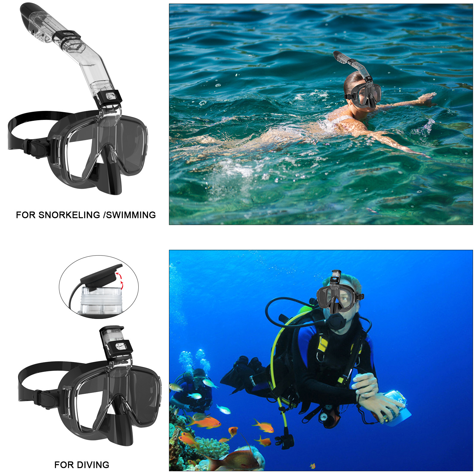 2023 New Design 180 Degree Panoramic 3 IN 1 Anti-Fog Anti-Leak Scuba Diving Mask with Camera Mount