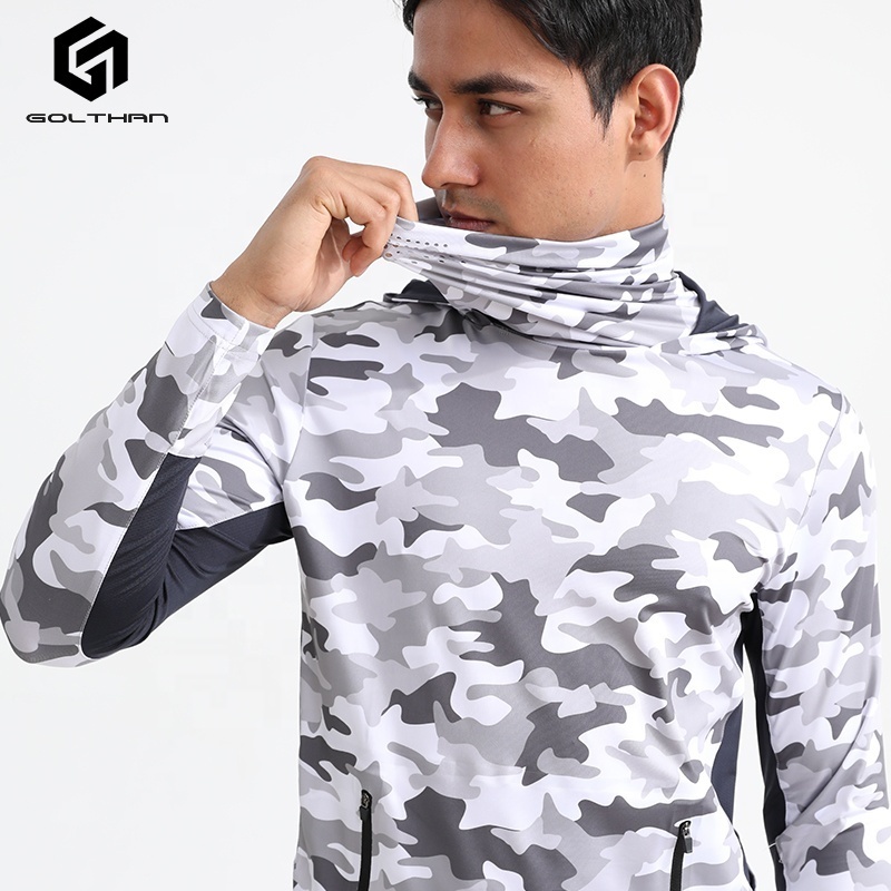 Golthan Wholesale Sublimation Camo Print UV Protection Long Sleeve Fishing Hoodie UPF 50 Hooded Fishing Shirt With Mask