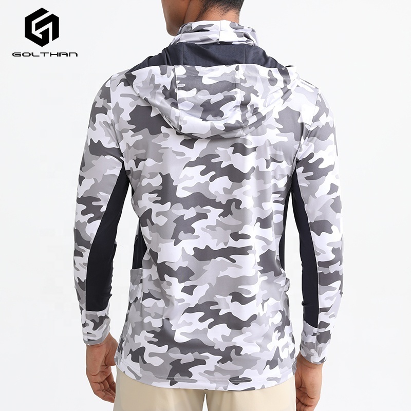 Golthan Wholesale Sublimation Camo Print UV Protection Long Sleeve Fishing Hoodie UPF 50 Hooded Fishing Shirt With Mask