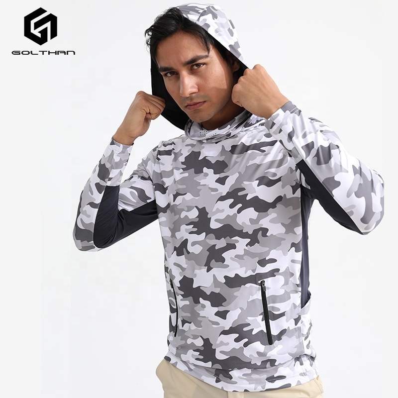 Golthan Wholesale Sublimation Camo Print UV Protection Long Sleeve Fishing Hoodie UPF 50 Hooded Fishing Shirt With Mask