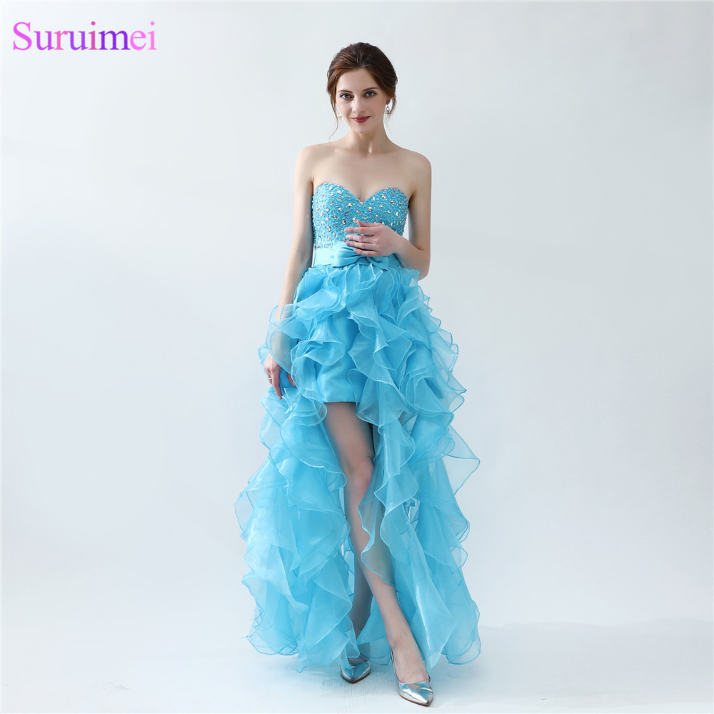 Light Sky Blue Organza Prom Gown Sweetheart Short Front Long Back Beaded Rulles Front High Slit Long Girls Prom Dresses