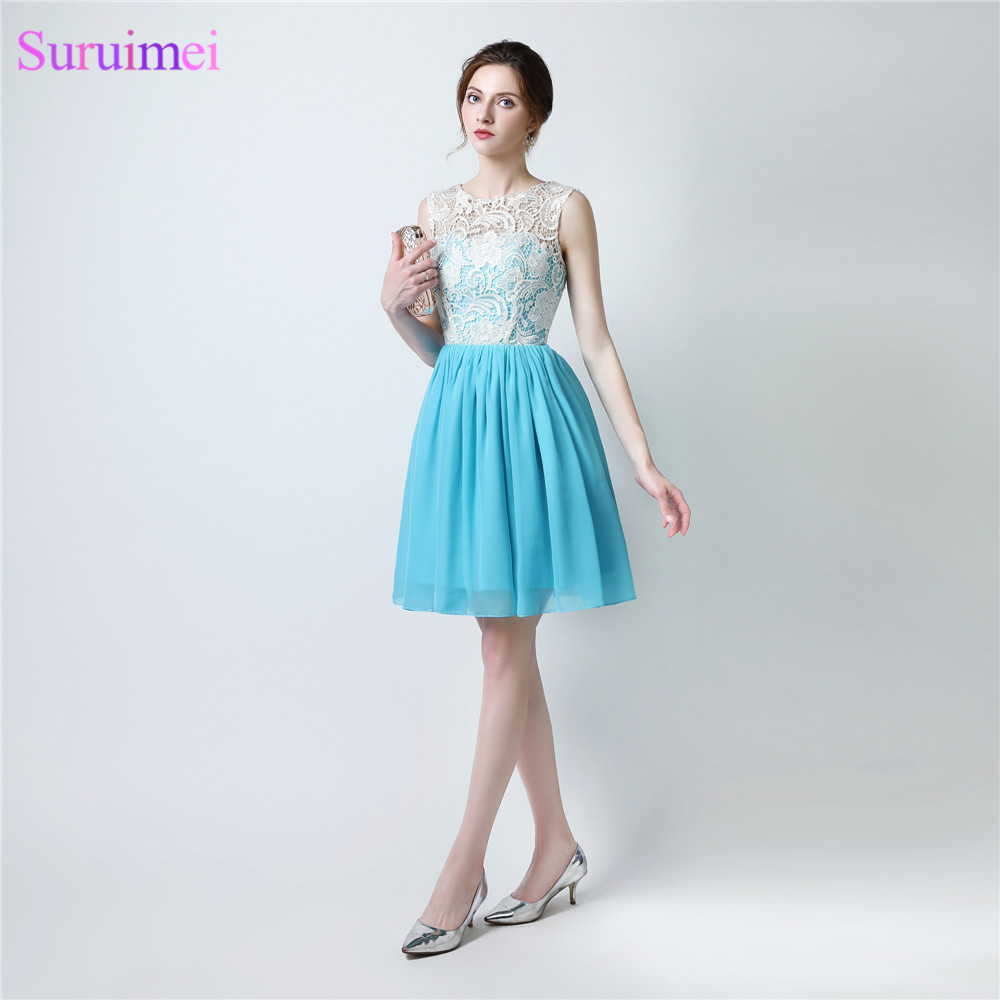 2024 New Design Sky Blue Short Prom Gown Chiffon Knee Length Top Lace Bodice Cocktail Homecoming Party Girls Dresses