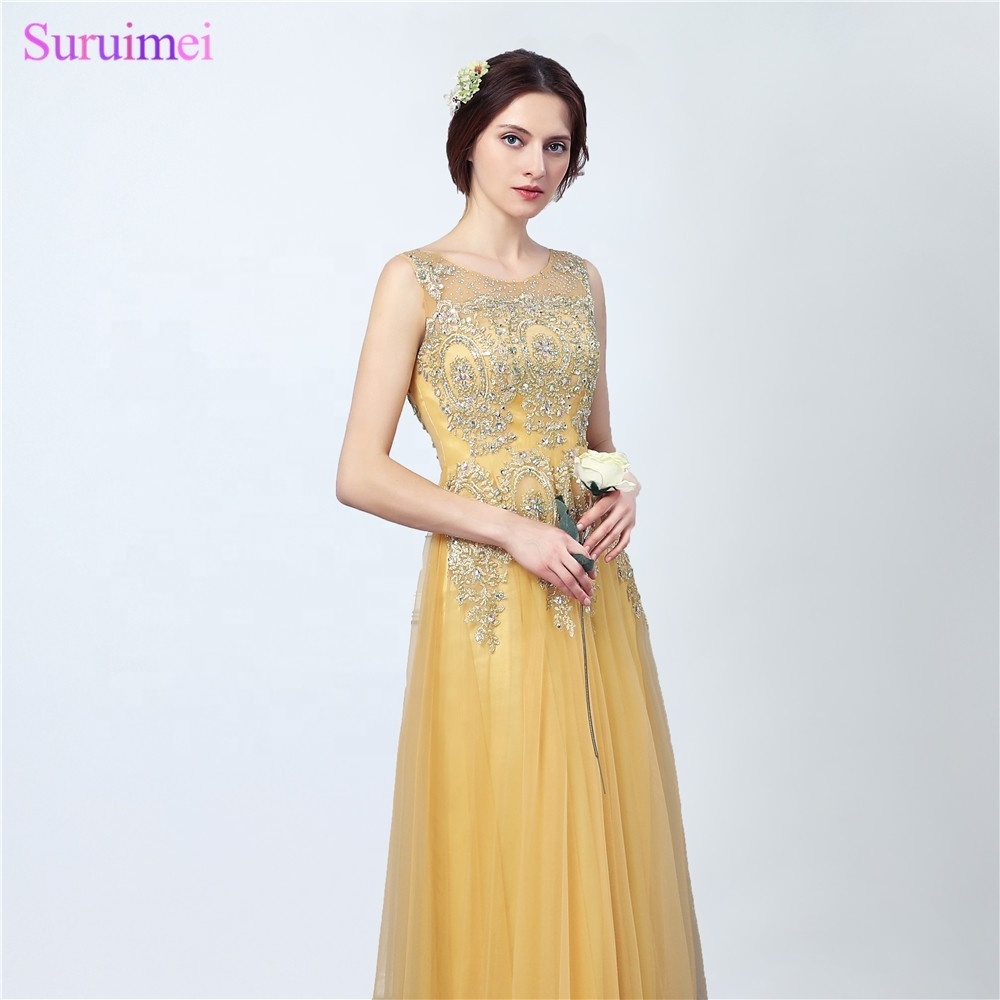 Suruimei Saudi Arabic Gold Lace Embroidery Evening Dresses Golden Formal Party Prom Evening Gown