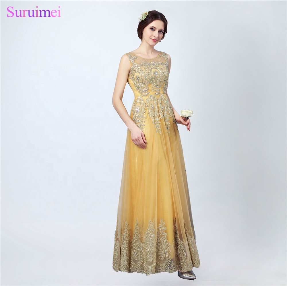 Suruimei Saudi Arabic Gold Lace Embroidery Evening Dresses Golden Formal Party Prom Evening Gown