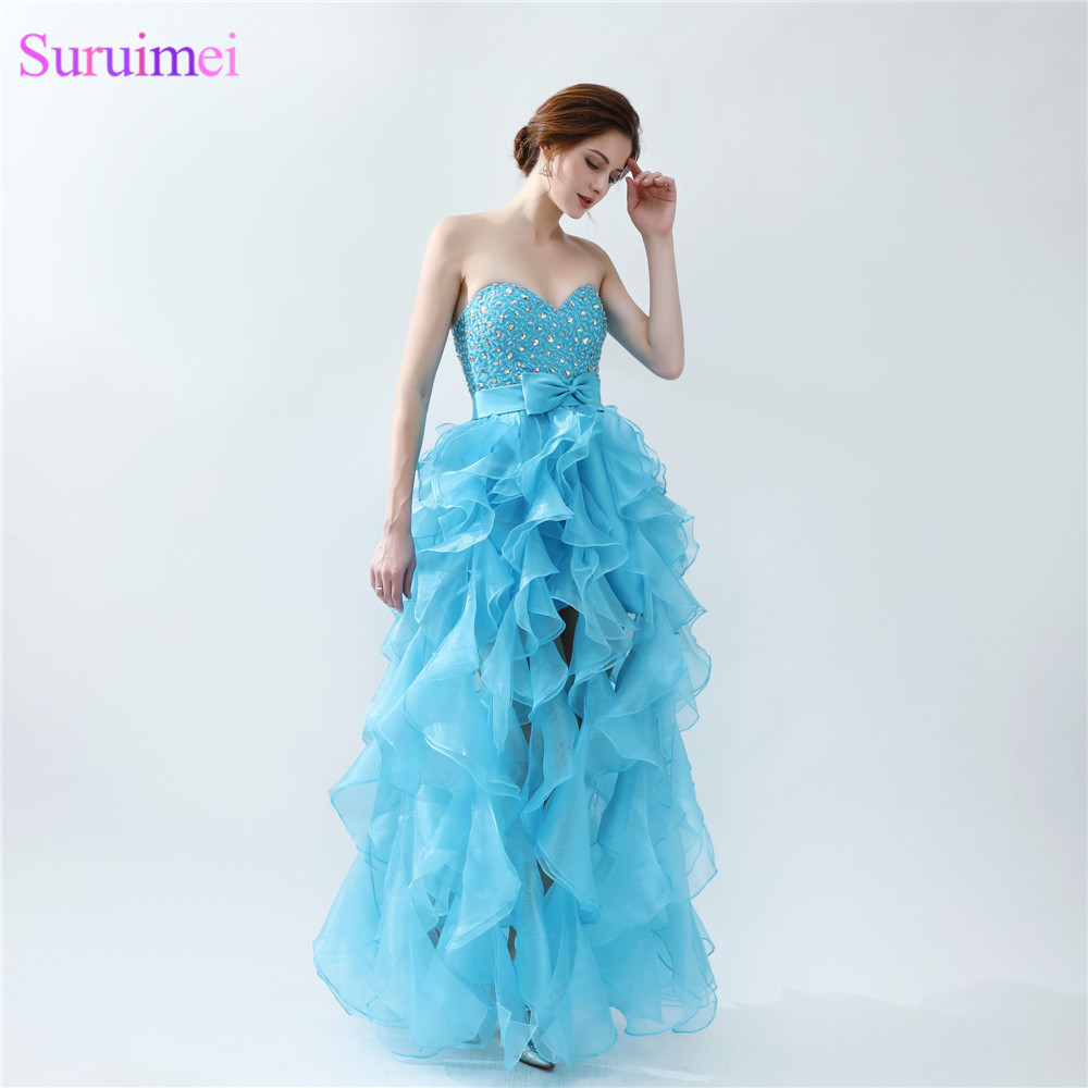 Light Sky Blue Organza Prom Gown Sweetheart Short Front Long Back Beaded Rulles Front High Slit Long Girls Prom Dresses