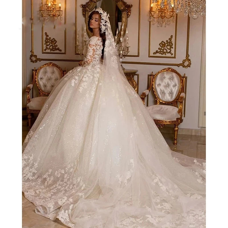 Suruimei Vintage Lace Wedding Dresses Princess Ball Gown Beading Bridal Gowns Shinny Tulle Long Sleeves Ivory Dubai Marriage