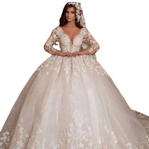 Suruimei Vintage Lace Wedding Dresses Princess Ball Gown Beading Bridal Gowns Shinny Tulle Long Sleeves Ivory Dubai Marriage