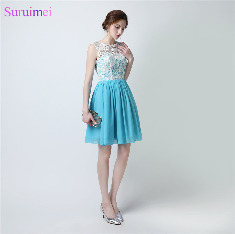 2024 New Design Sky Blue Short Prom Gown Chiffon Knee Length Top Lace Bodice Cocktail Homecoming Party Girls Dresses