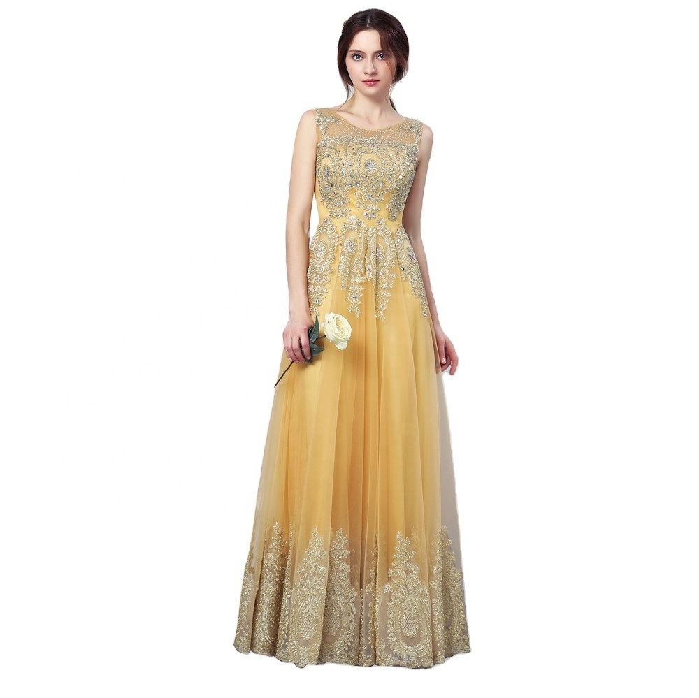 Suruimei Saudi Arabic Gold Lace Embroidery Evening Dresses Golden Formal Party Prom Evening Gown