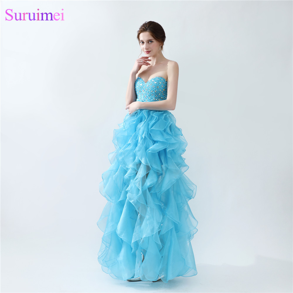 Light Sky Blue Organza Prom Gown Sweetheart Short Front Long Back Beaded Rulles Front High Slit Long Girls Prom Dresses