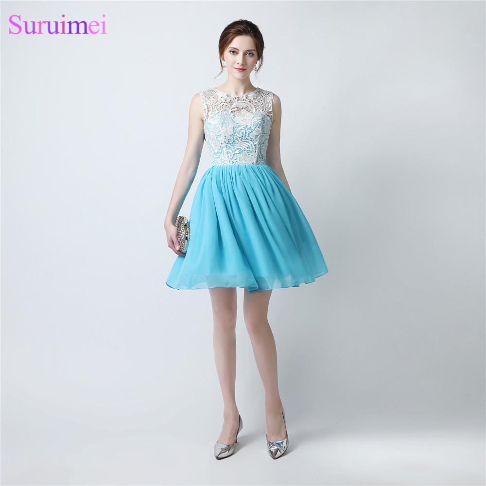 2024 New Design Sky Blue Short Prom Gown Chiffon Knee Length Top Lace Bodice Cocktail Homecoming Party Girls Dresses