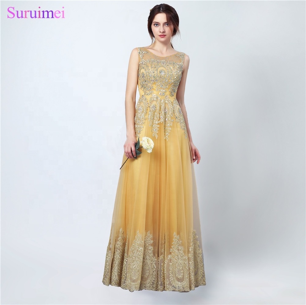 Suruimei Saudi Arabic Gold Lace Embroidery Evening Dresses Golden Formal Party Prom Evening Gown