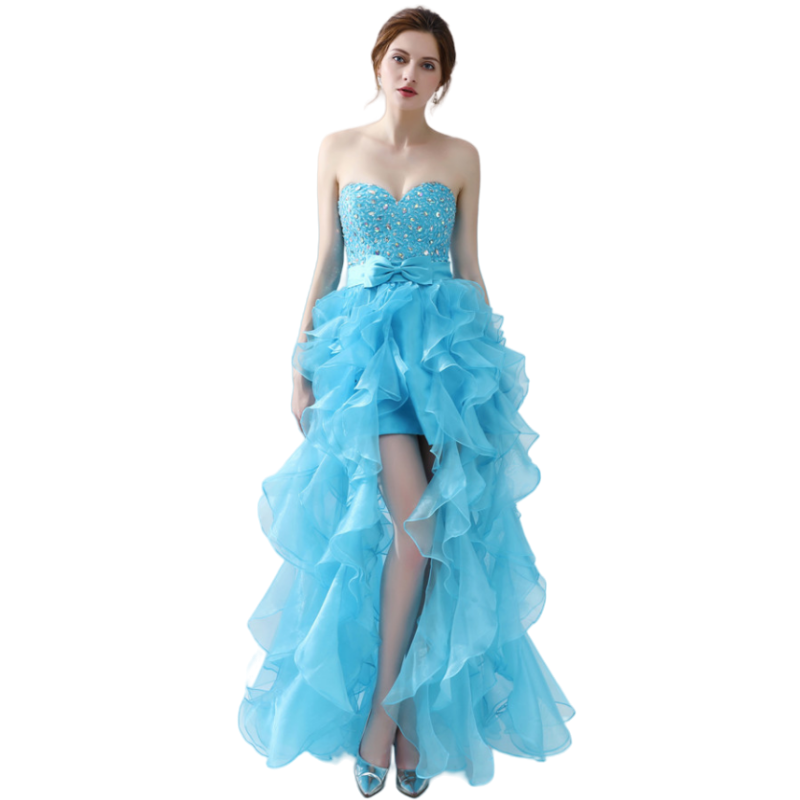 Light Sky Blue Organza Prom Gown Sweetheart Short Front Long Back Beaded Rulles Front High Slit Long Girls Prom Dresses