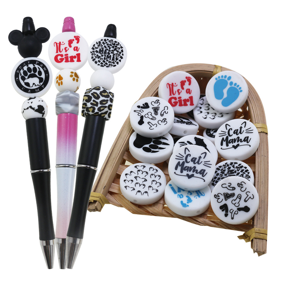 Customized Logo Flat Silicone Focal Beads Animal Cow Leopard Print Coin Balls For Making Beaded Pens Silicone Beads Round Disc