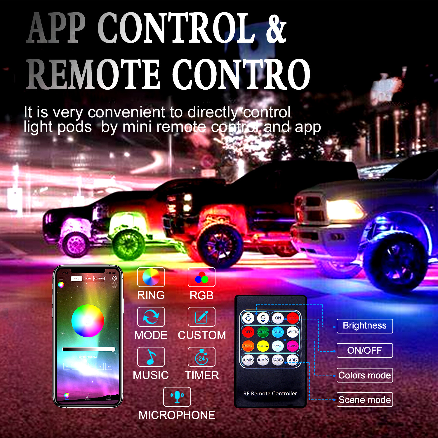 RGB 8 pod 4 pod App control rgbw pure white car led rock light underglow decking lights kit