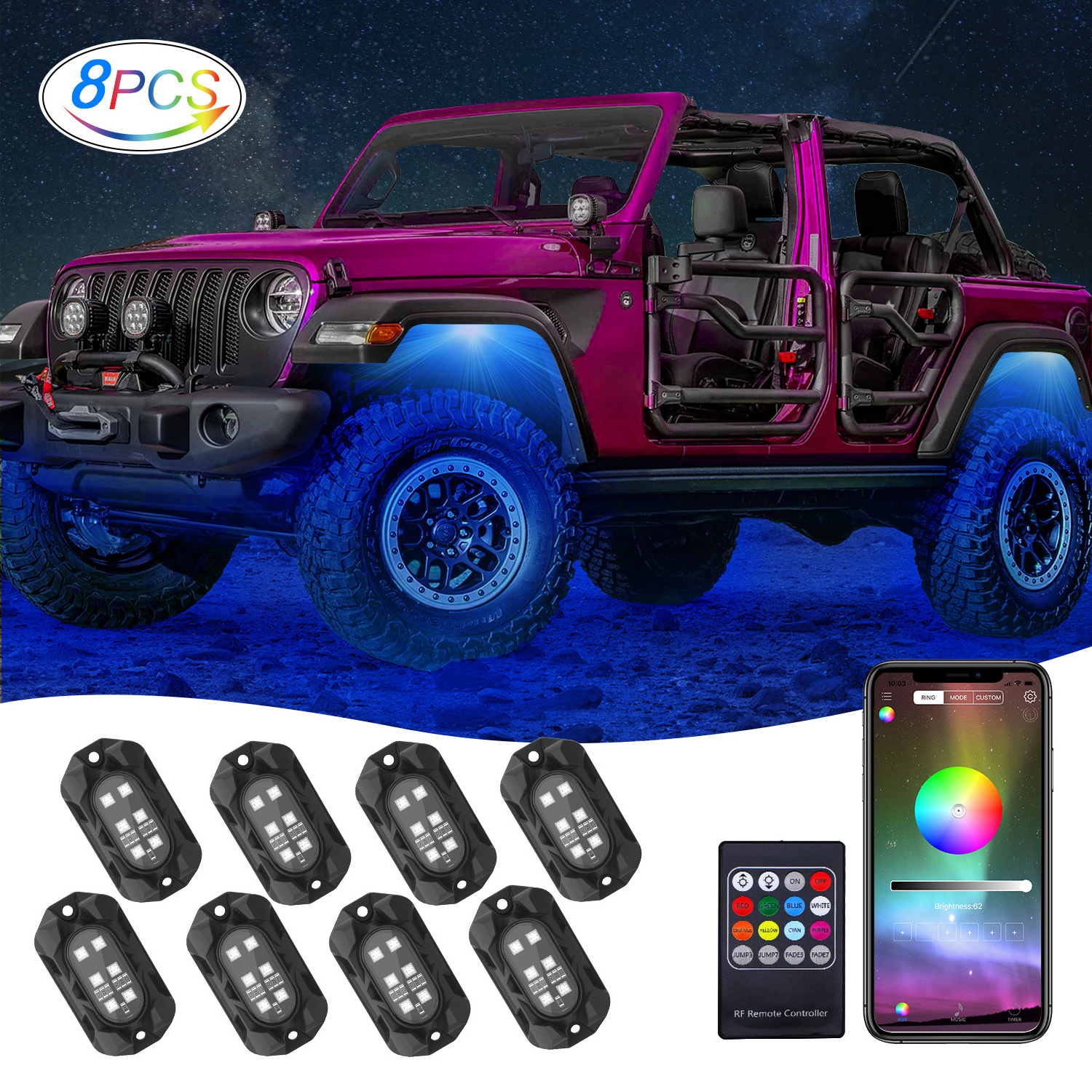 RGB 8 pod 4 pod App control rgbw pure white car led rock light underglow decking lights kit