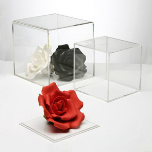 6 Sided Square Clear Acrylic Flower Display Box With Lid Clear Lucite Rose Display Cubes For Flower Shop