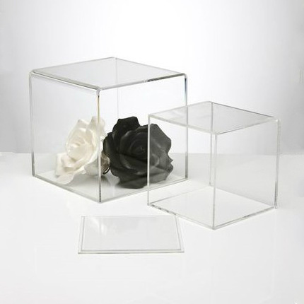 6 Sided Square Clear Acrylic Flower Display Box With Lid Clear Lucite Rose Display Cubes For Flower Shop