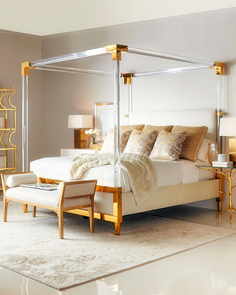 Custom Elegant Clear Acrylic Queen Bed Frame With Brass Metal Modern Acrylic Bed Frame