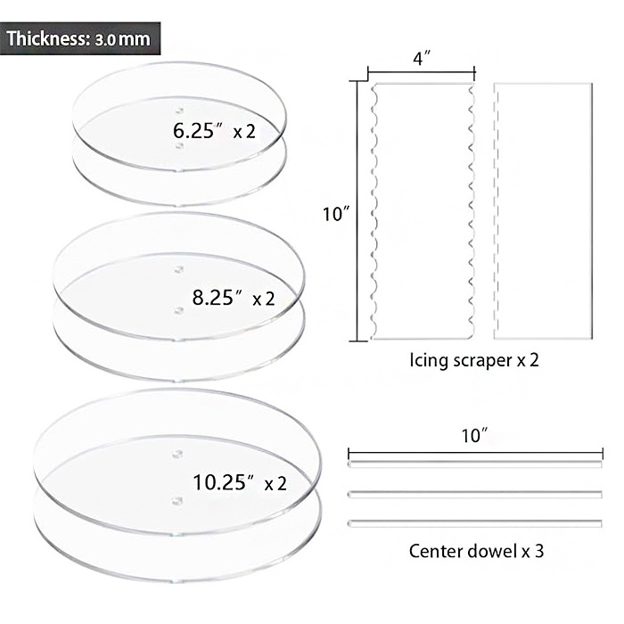 Round Clear Acrylic Cake Discs Set With Cake Scraper And Acrylic Dowel For Bakery