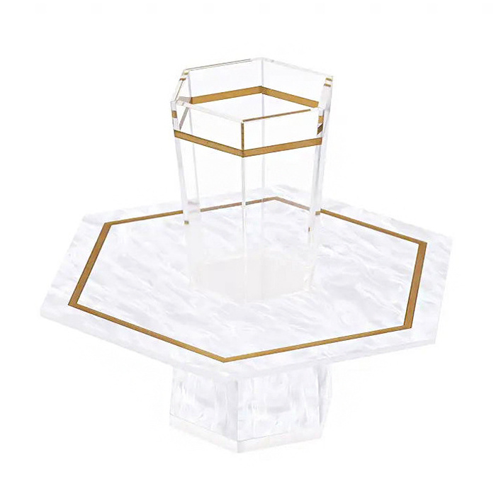 Judaica Gifts Hexagon Acrylic Mayim Achronim Set Jewish Clear Lucite Washing Cup And Pearl White Bowl For Passover