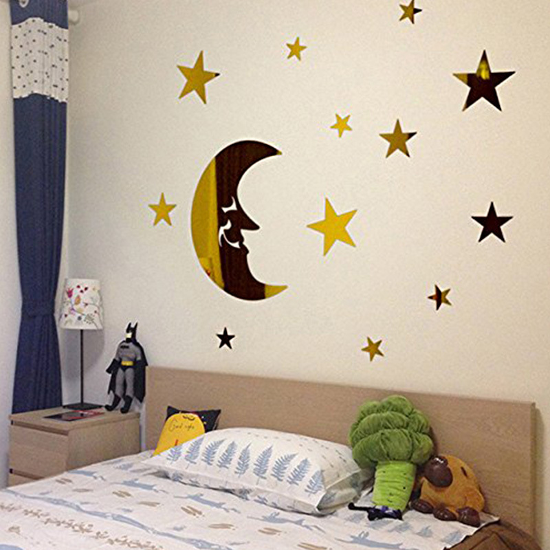 Moon and Star Acrylic Stickers 3D Acrylic Mirror Wall Sticker Perspex Wall Decoration Sticks