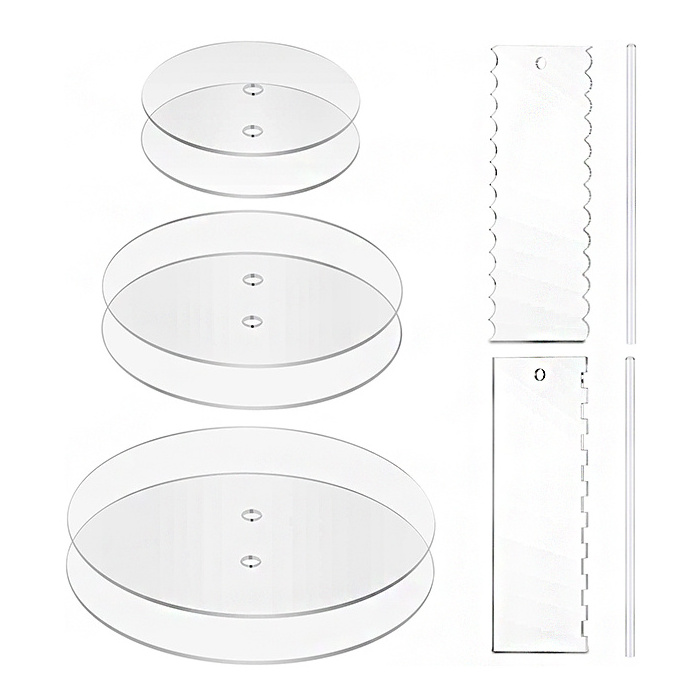 Round Clear Acrylic Cake Discs Set With Cake Scraper And Acrylic Dowel For Bakery