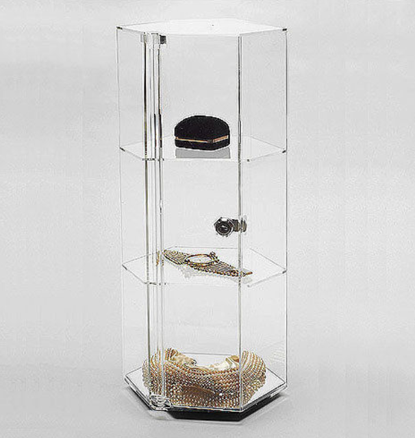 3 Layers Rotating Clear Acrylic Showcase Hexagonal Countertop Clear Acrylic Jewelry Display Case With Lock