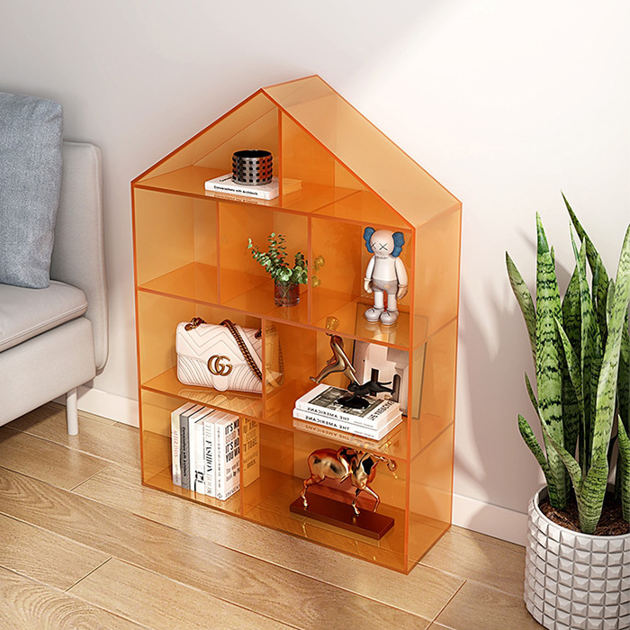 Custom House Shaped Orange Acrylic Book Shelf For Home 9 Grids Blue Acrylic Bookcase For Bedroom Display