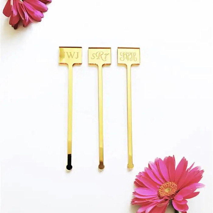 Laser Cutting Rectangular Acrylic Drink Stirrer Fancy Mirror Gold Acrylic Swizzle Sticks For Wedding Decor