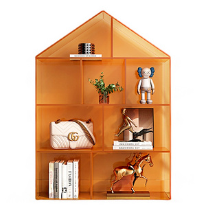 Custom House Shaped Orange Acrylic Book Shelf For Home 9 Grids Blue Acrylic Bookcase For Bedroom Display