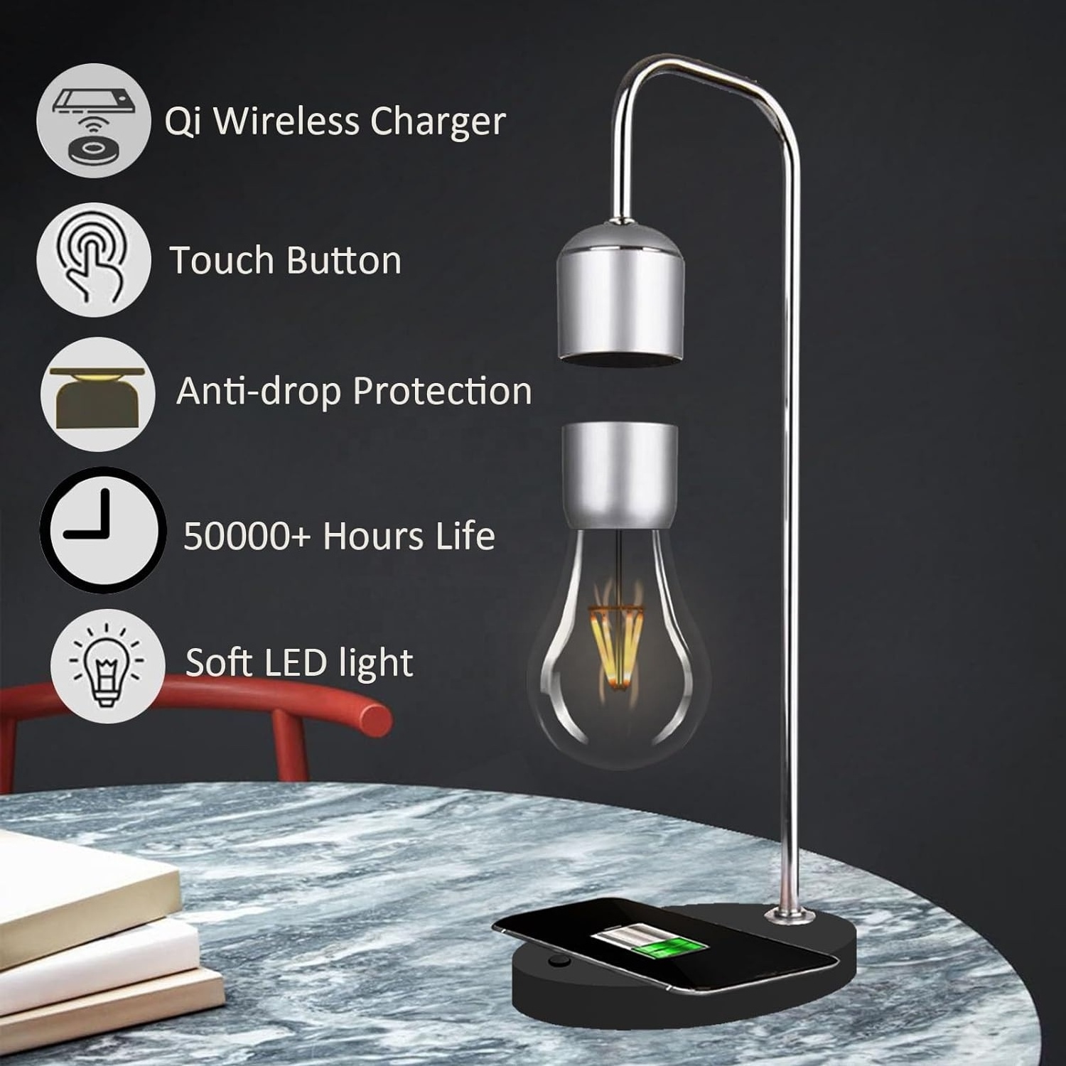 Magnetic Levitating Floating Light Bulb with Luxury Wireless Charging Pad LED Night Light for Bedrooms Desk Toys Office Gifts