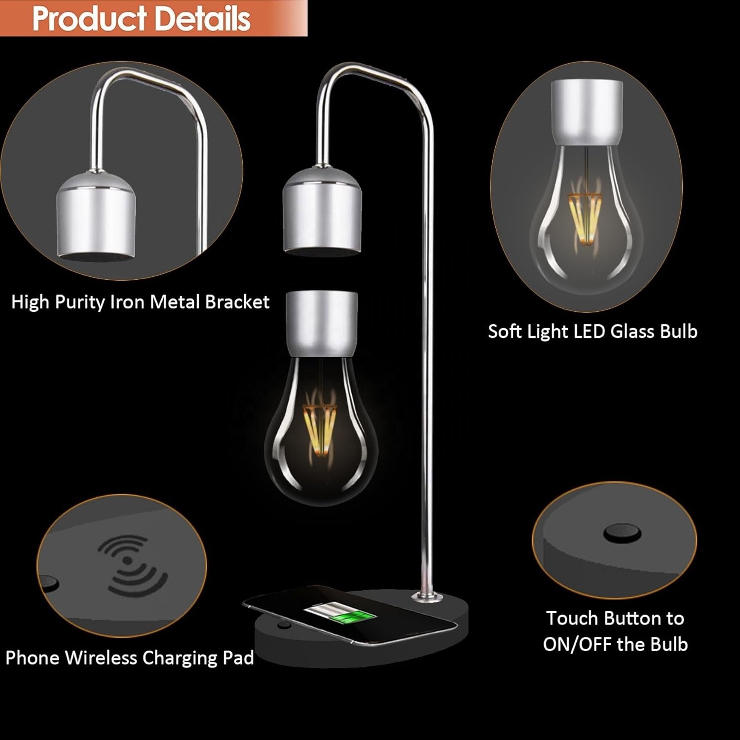 Magnetic Levitating Floating Light Bulb with Luxury Wireless Charging Pad LED Night Light for Bedrooms Desk Toys Office Gifts