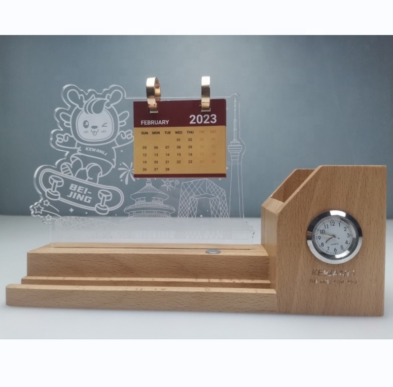 Portable Battery Operated 3D LED Night Light Wooden Base Stand with Calendar Pen Holder Quartz Clock Small Staff Collecting