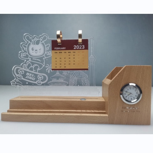 Portable Battery Operated 3D LED Night Light Wooden Base Stand with Calendar Pen Holder Quartz Clock Small Staff Collecting