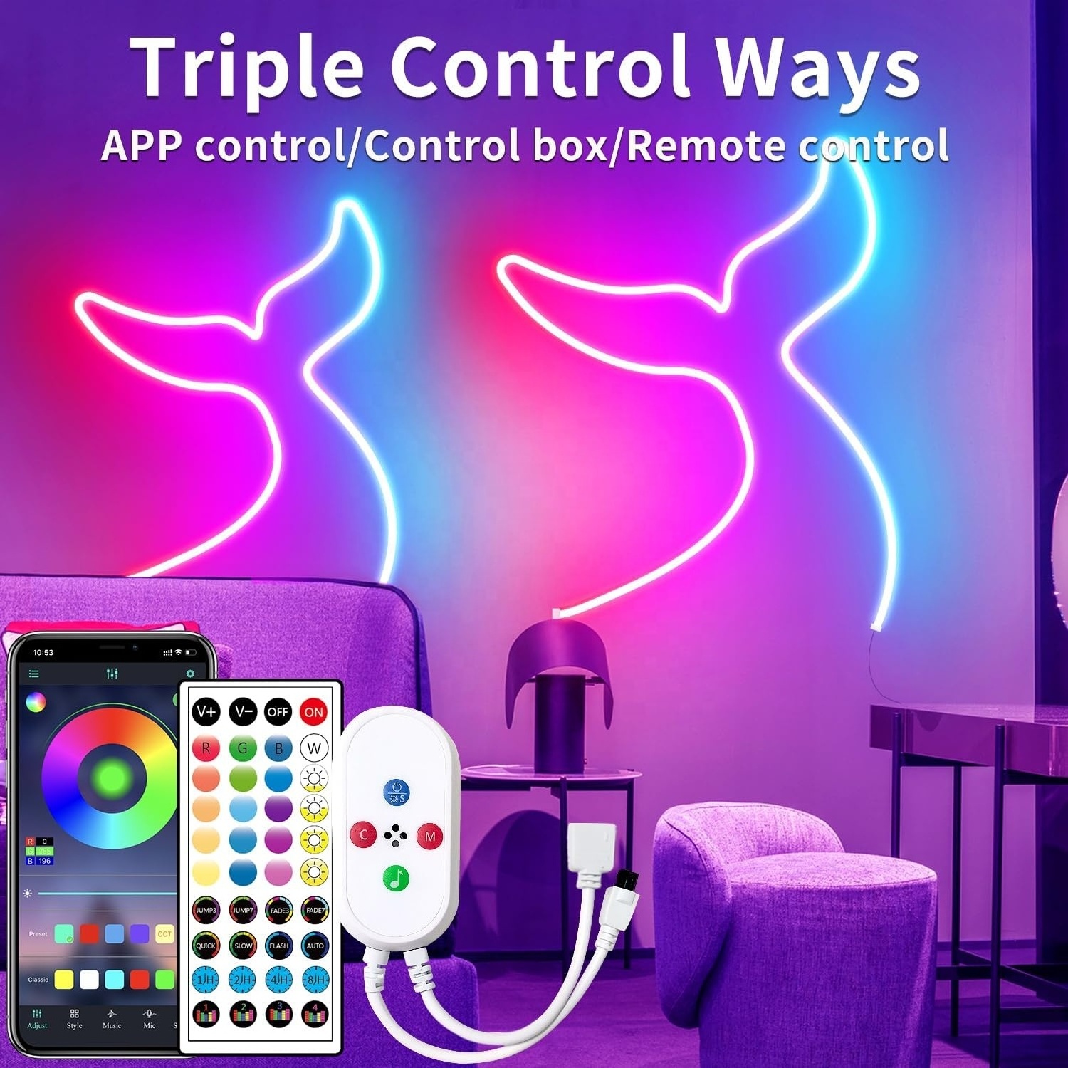 LED neon Rope Lights with Remote APP Control IP65 Waterproof Flexible Neon Strip Lights 24V RGB for Bedroom Room Outdoors Decor